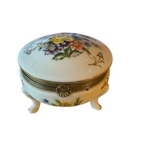 Vintage Napcoware Japan Porcelain Footed Trinket Box Floral Design Gold Trim